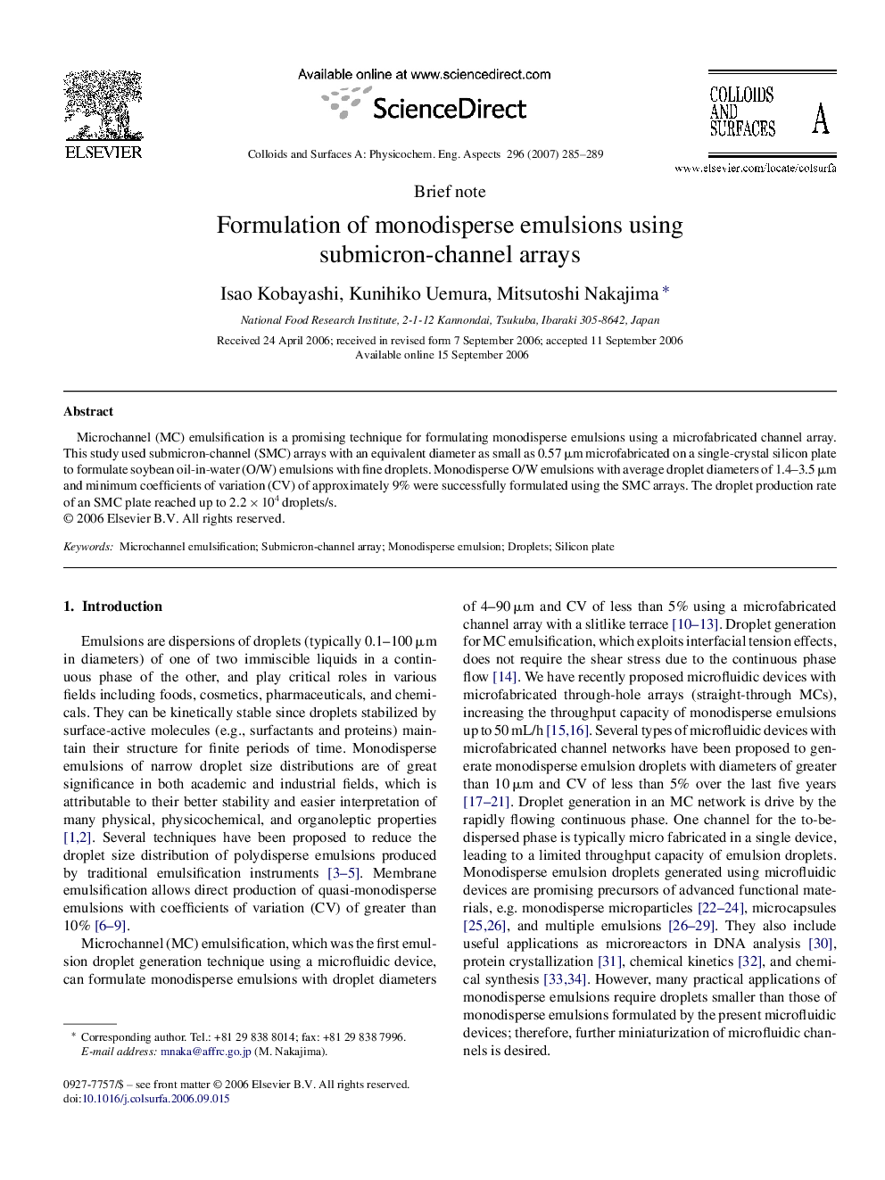 Formulation of monodisperse emulsions using submicron-channel arrays