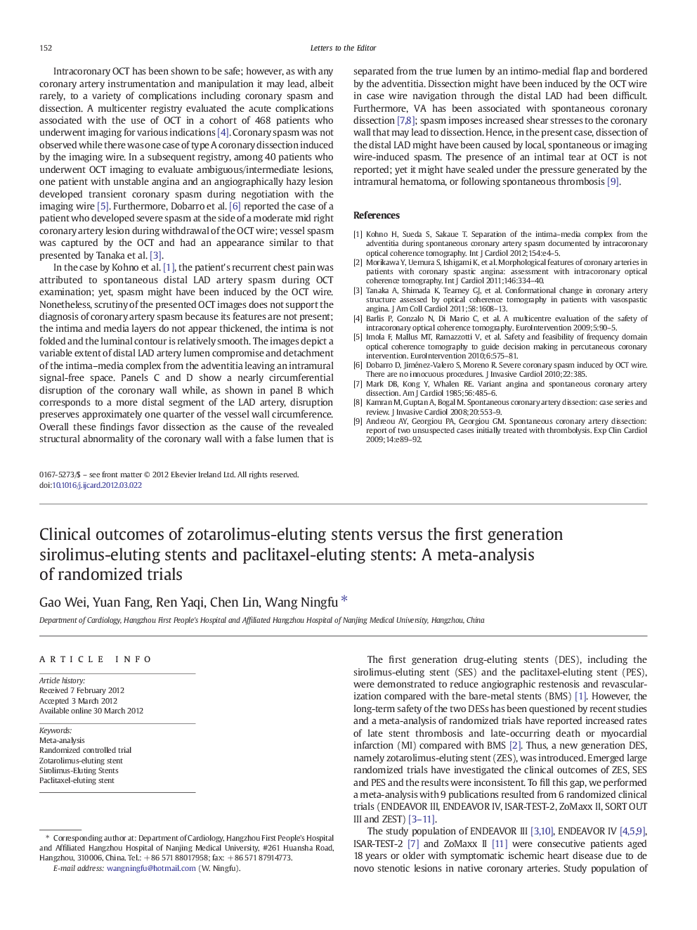 Clinical outcomes of zotarolimus-eluting stents versus the first generation sirolimus-eluting stents and paclitaxel-eluting stents: A meta-analysis of randomized trials