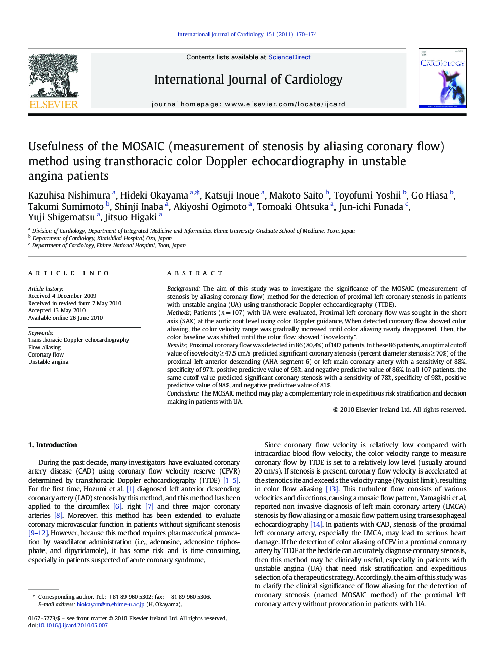 Usefulness of the MOSAIC (measurement of stenosis by aliasing coronary flow) method using transthoracic color Doppler echocardiography in unstable angina patients