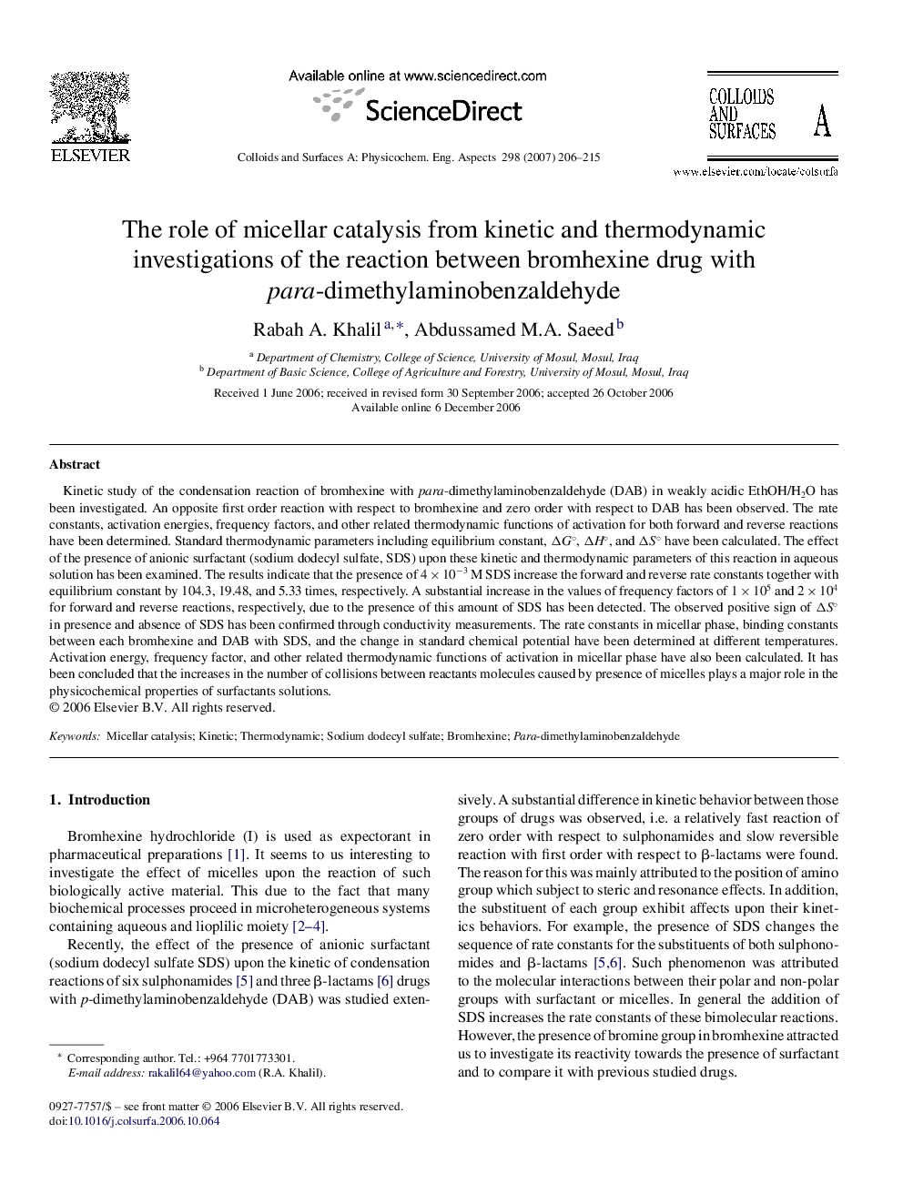 The role of micellar catalysis from kinetic and thermodynamic investigations of the reaction between bromhexine drug with para-dimethylaminobenzaldehyde