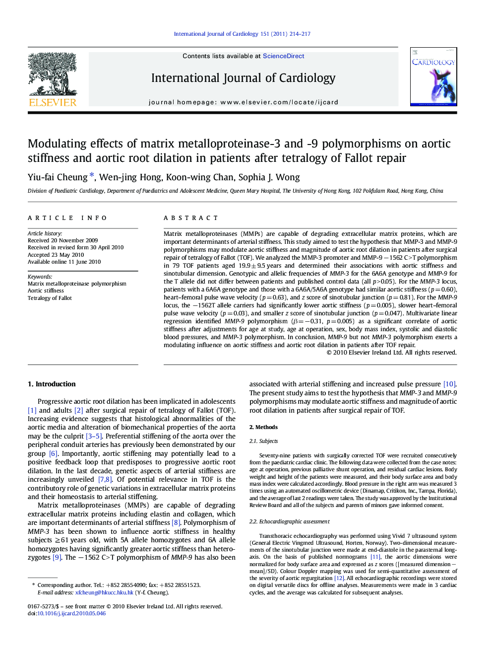 Modulating effects of matrix metalloproteinase-3 and -9 polymorphisms on aortic stiffness and aortic root dilation in patients after tetralogy of Fallot repair