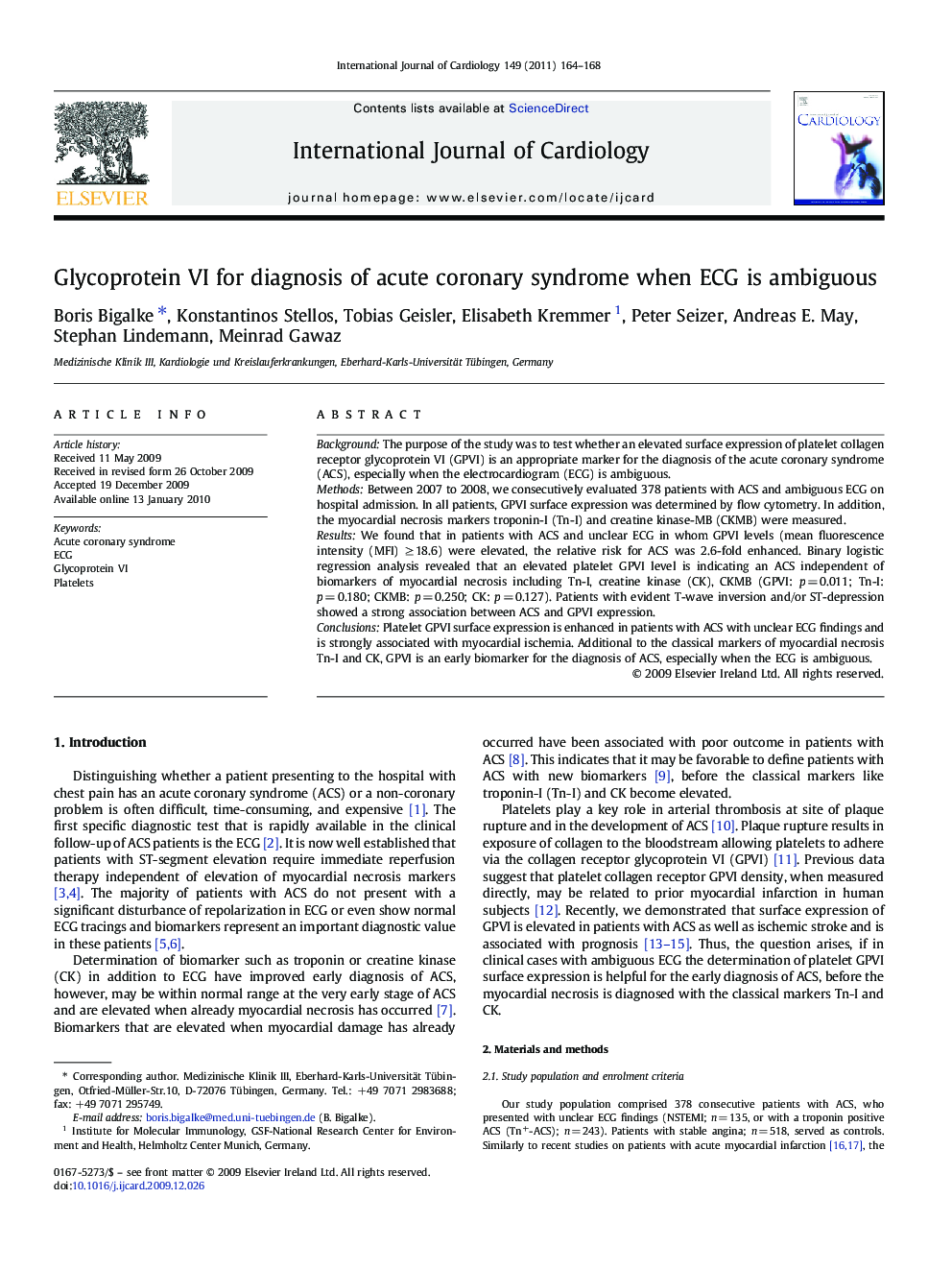 Glycoprotein VI for diagnosis of acute coronary syndrome when ECG is ambiguous