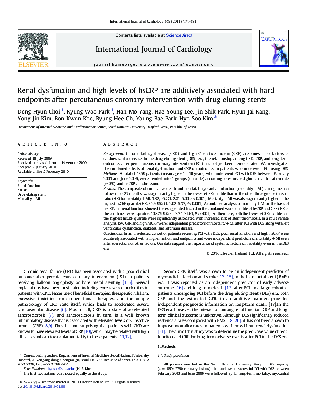 Renal dysfunction and high levels of hsCRP are additively associated with hard endpoints after percutaneous coronary intervention with drug eluting stents