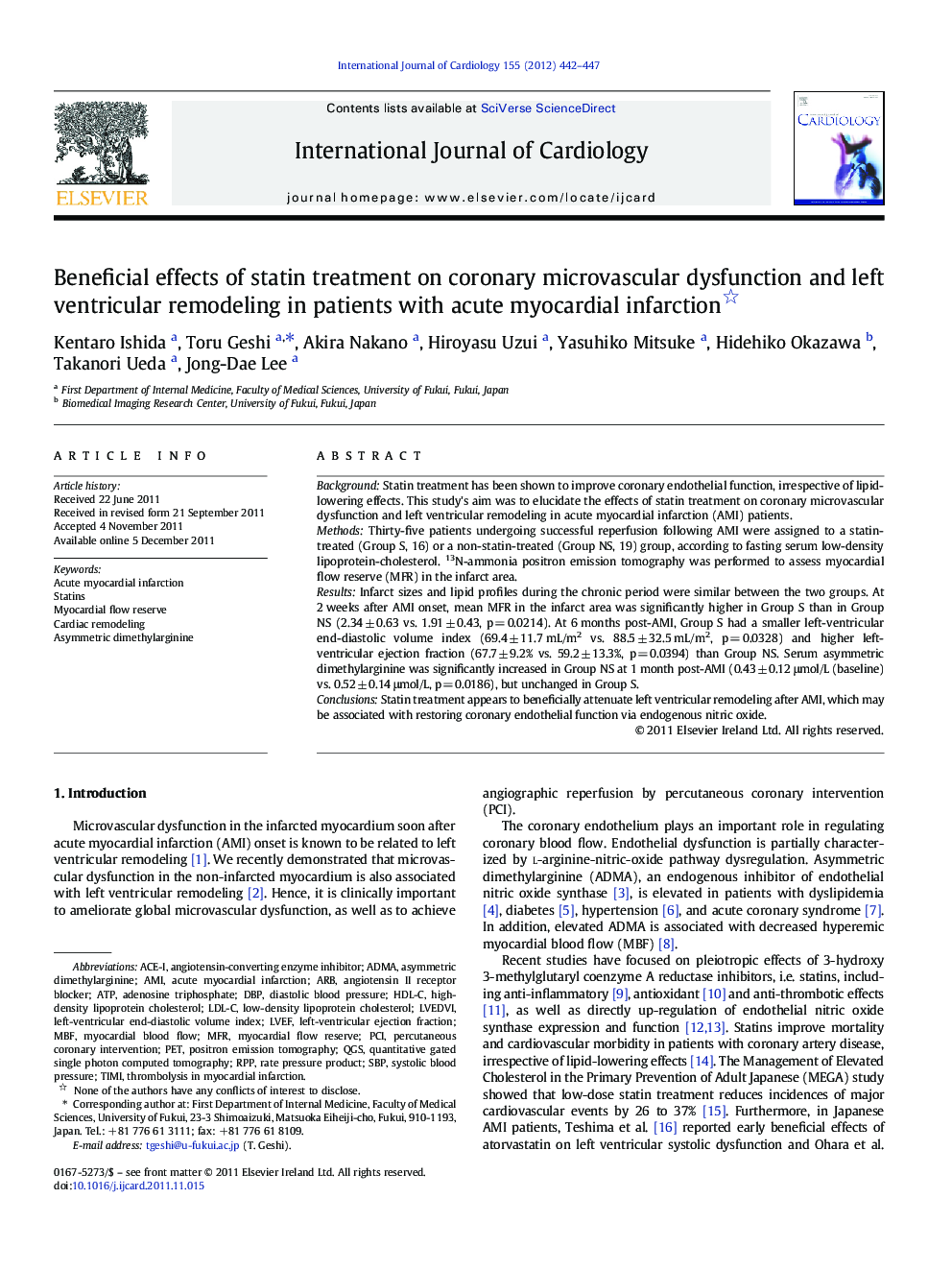 Beneficial effects of statin treatment on coronary microvascular dysfunction and left ventricular remodeling in patients with acute myocardial infarction