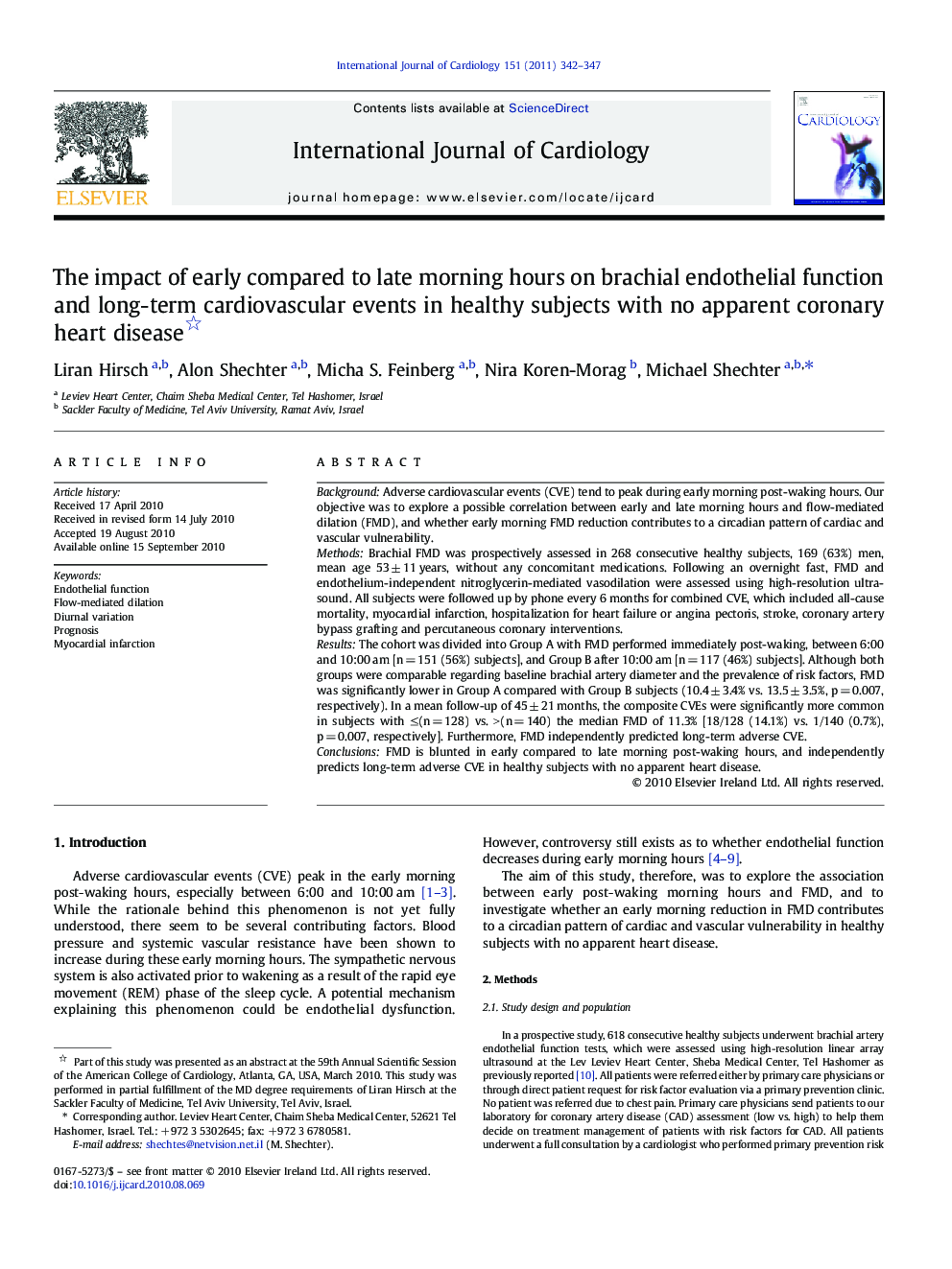 The impact of early compared to late morning hours on brachial endothelial function and long-term cardiovascular events in healthy subjects with no apparent coronary heart disease