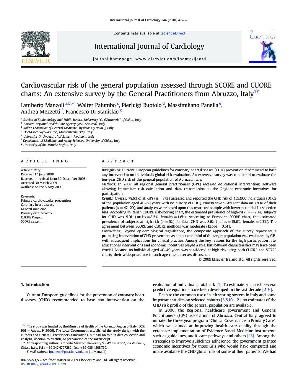 Cardiovascular risk of the general population assessed through SCORE and CUORE charts: An extensive survey by the General Practitioners from Abruzzo, Italy