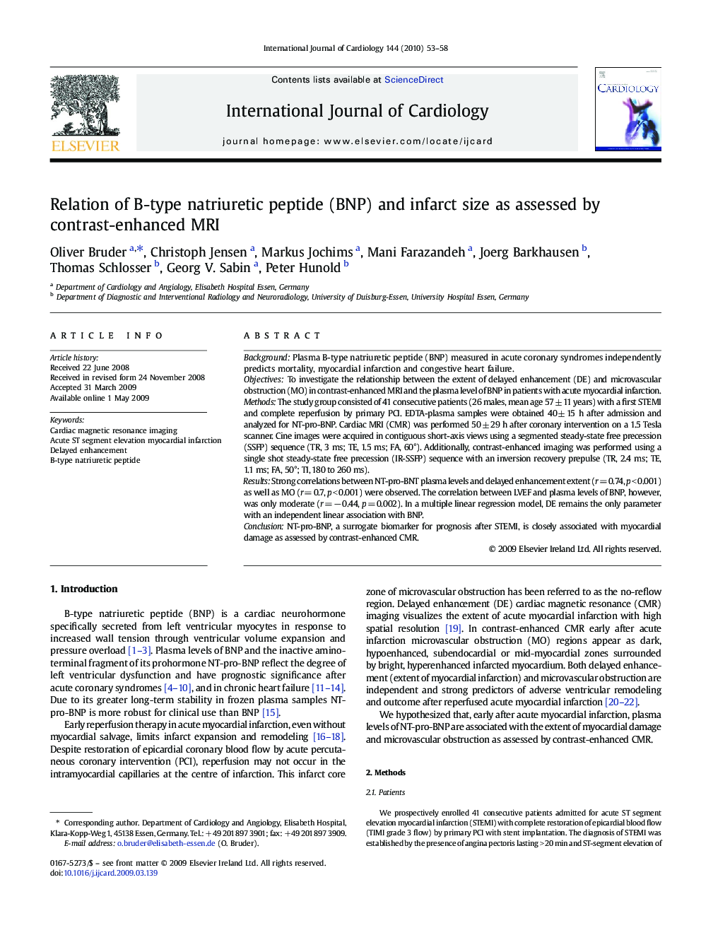 عکس صفحه اول مقاله: Relation of B-type natriuretic peptide (BNP) and infarct size as assessed by contrast-enhanced MRI Relation of B-type natriuretic peptide (BNP) and infarct size as assessed by contrast-enhanced MRI