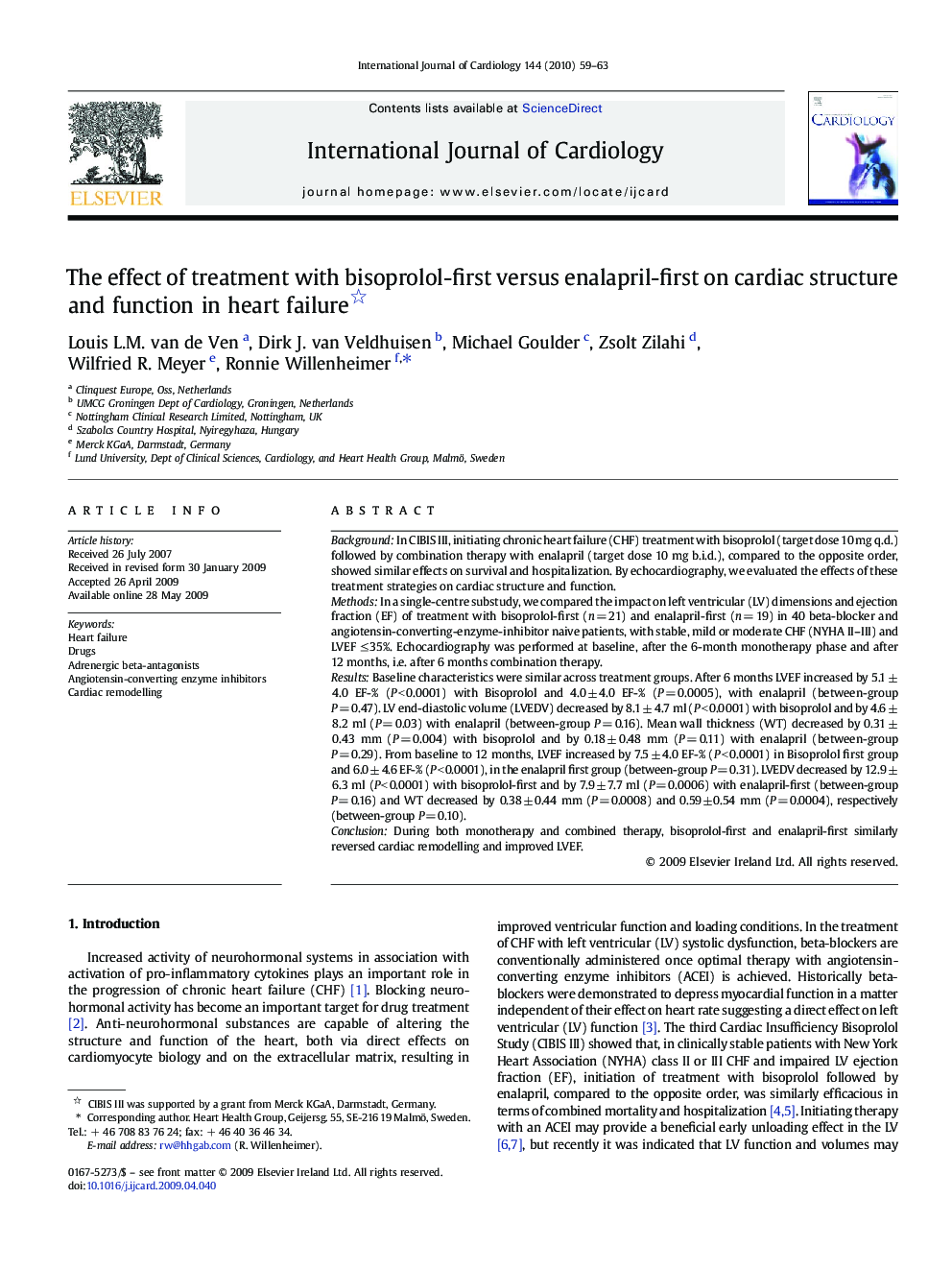 The effect of treatment with bisoprolol-first versus enalapril-first on cardiac structure and function in heart failure