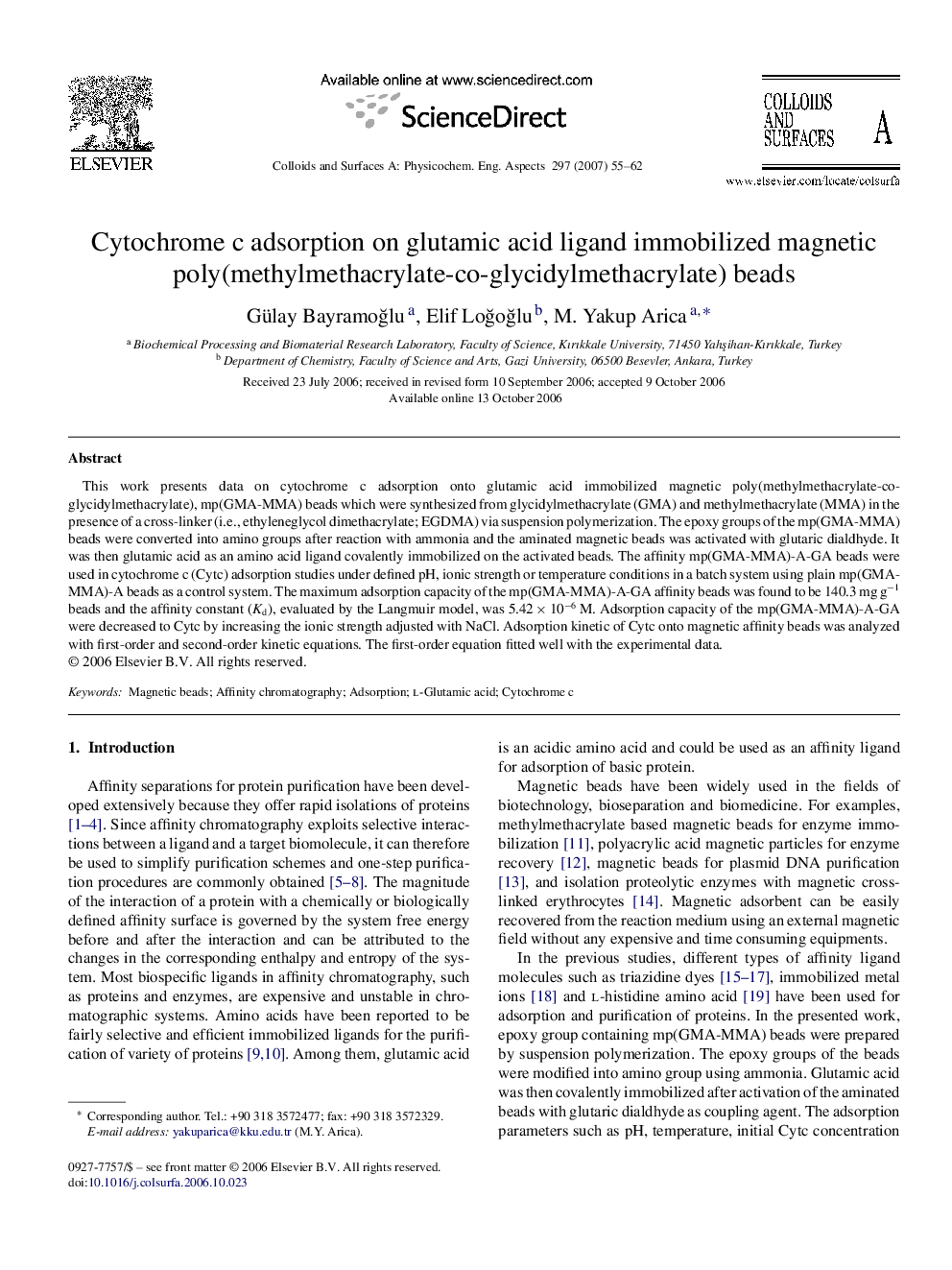 Cytochrome c adsorption on glutamic acid ligand immobilized magnetic poly(methylmethacrylate-co-glycidylmethacrylate) beads