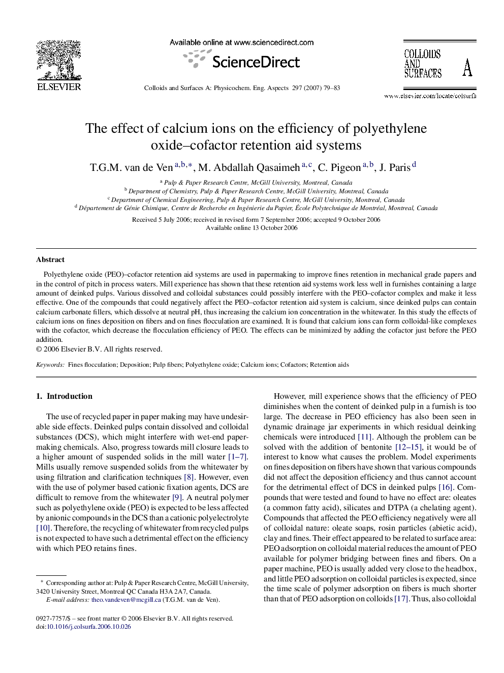 The effect of calcium ions on the efficiency of polyethylene oxide–cofactor retention aid systems