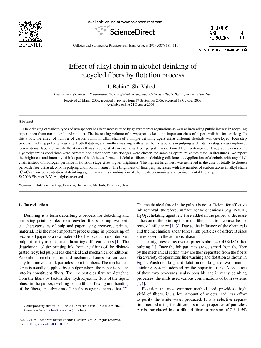 Effect of alkyl chain in alcohol deinking of recycled fibers by flotation process