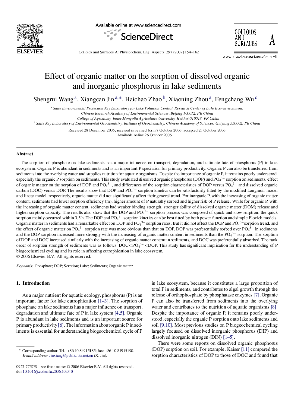 Effect of organic matter on the sorption of dissolved organic and inorganic phosphorus in lake sediments