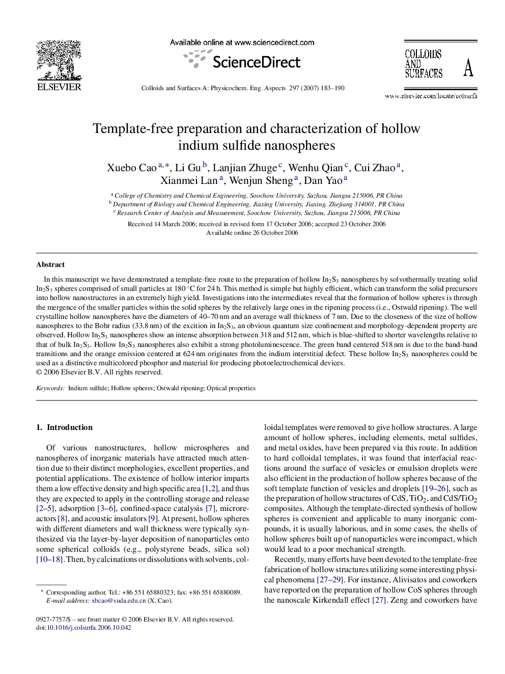 Template-free preparation and characterization of hollow indium sulfide nanospheres