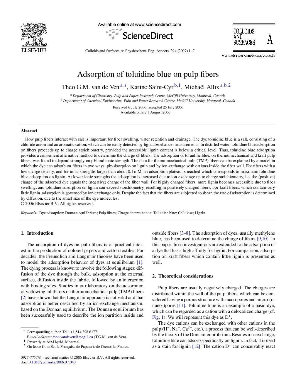 Adsorption of toluidine blue on pulp fibers