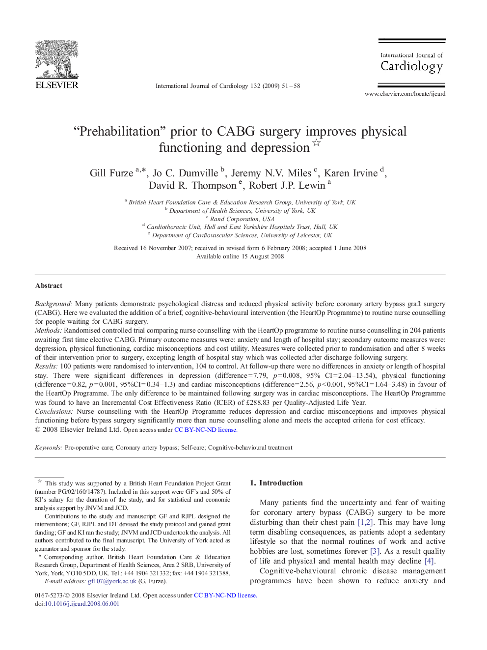 “Prehabilitation” prior to CABG surgery improves physical functioning and depression