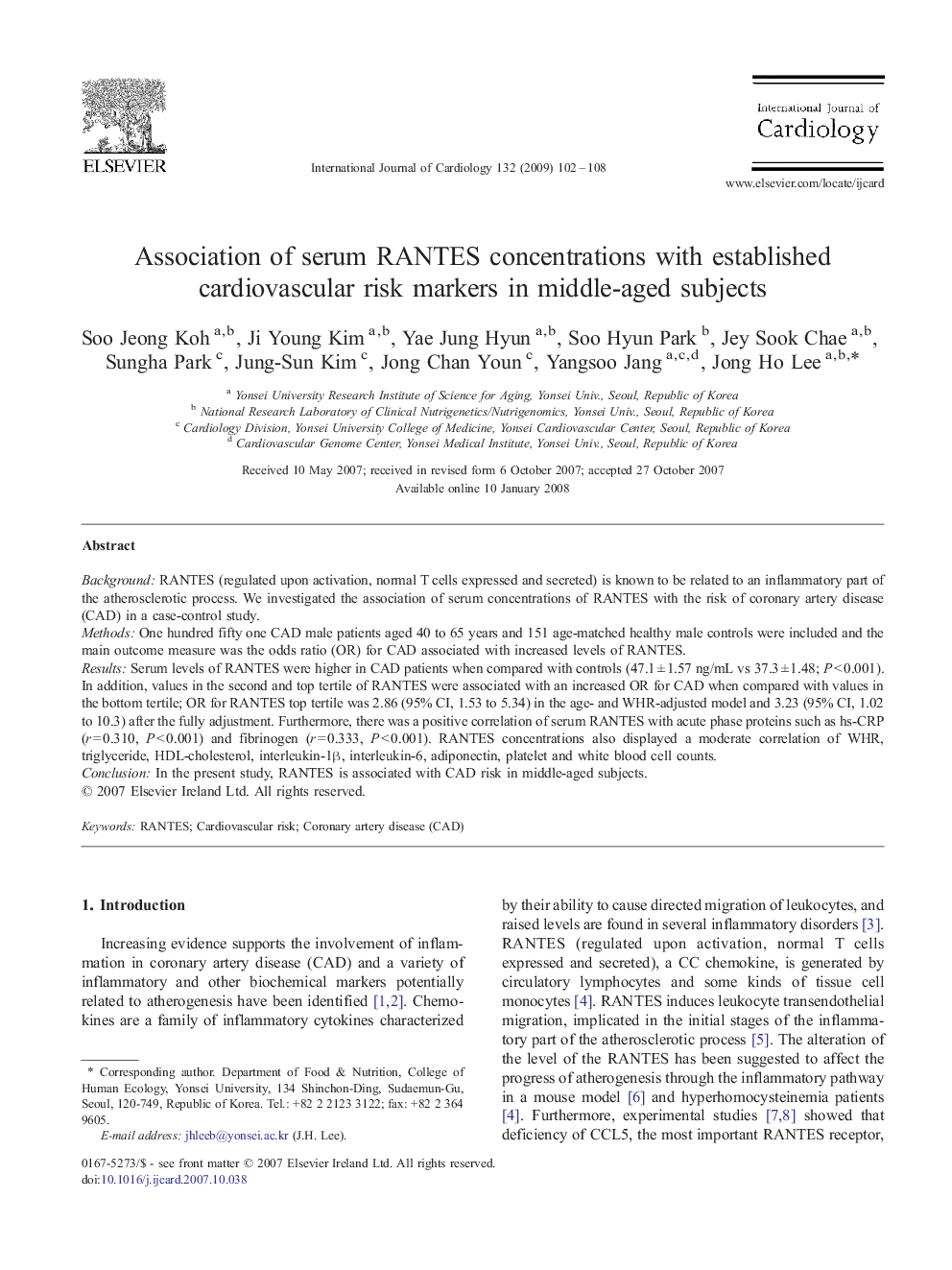 Association of serum RANTES concentrations with established cardiovascular risk markers in middle-aged subjects