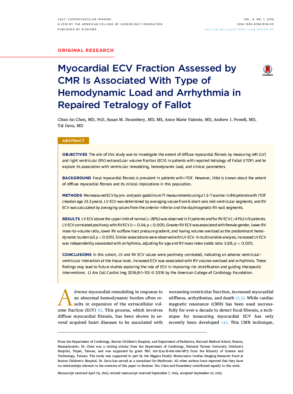 Myocardial ECV Fraction Assessed by CMRÂ Is Associated With Type of Hemodynamic Load and Arrhythmia in Repaired Tetralogy of Fallot