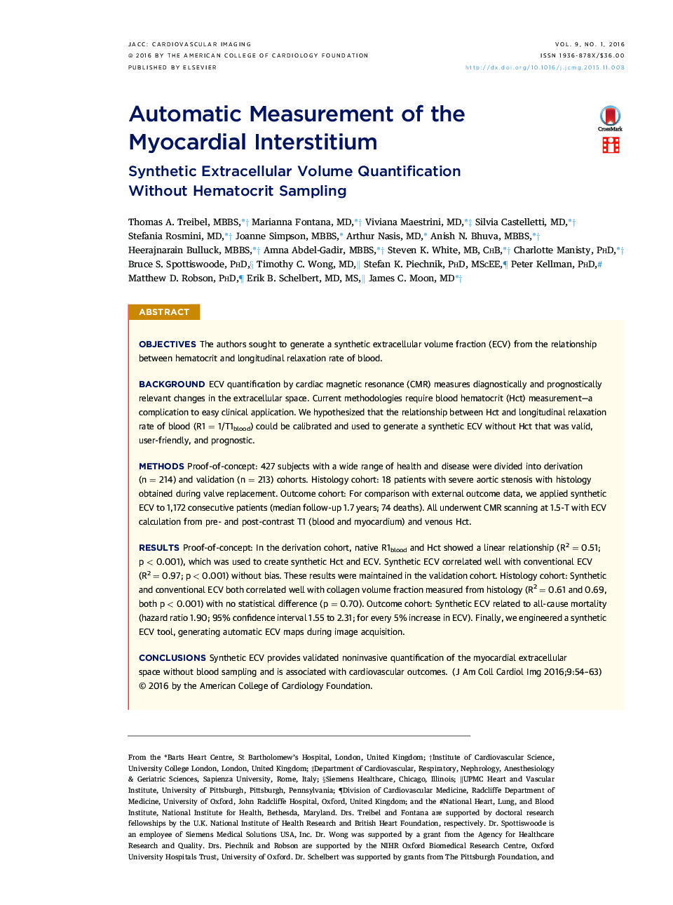 Automatic Measurement of the MyocardialÂ Interstitium: Synthetic Extracellular Volume Quantification WithoutÂ Hematocrit Sampling