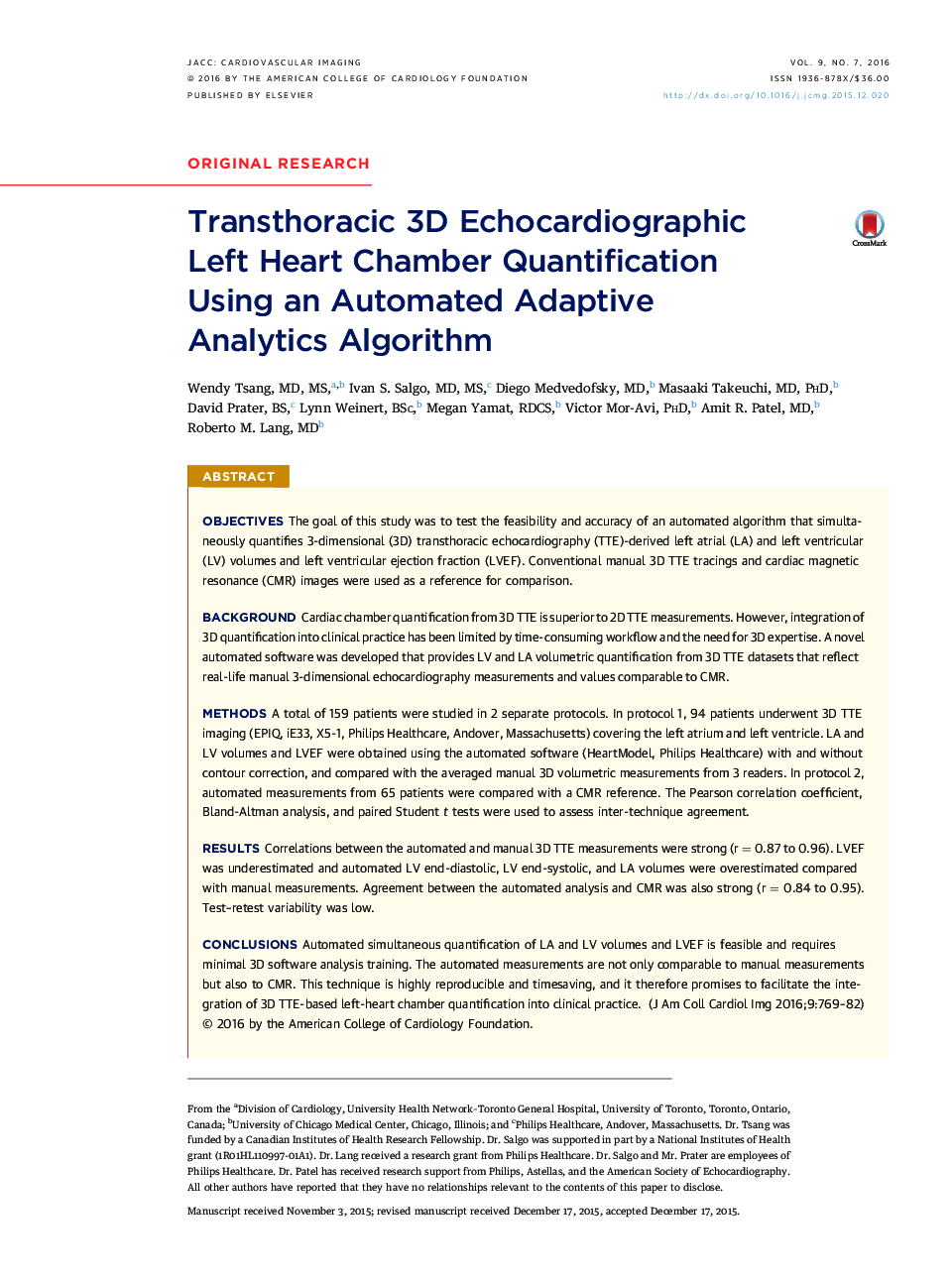 Transthoracic 3D Echocardiographic LeftÂ Heart Chamber Quantification UsingÂ an Automated Adaptive AnalyticsÂ Algorithm