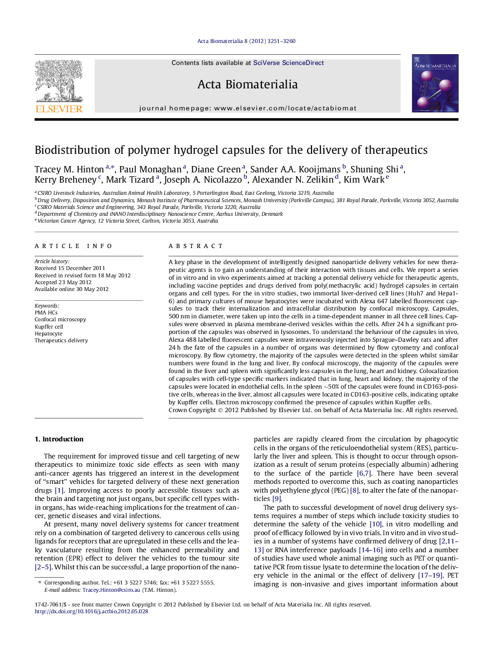 Biodistribution of polymer hydrogel capsules for the delivery of therapeutics