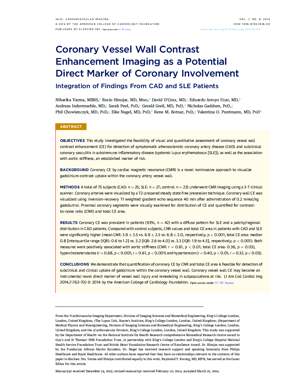 Coronary Vessel Wall Contrast Enhancement Imaging as a Potential DirectÂ Marker of Coronary Involvement: Integration of Findings From CAD and SLE Patients