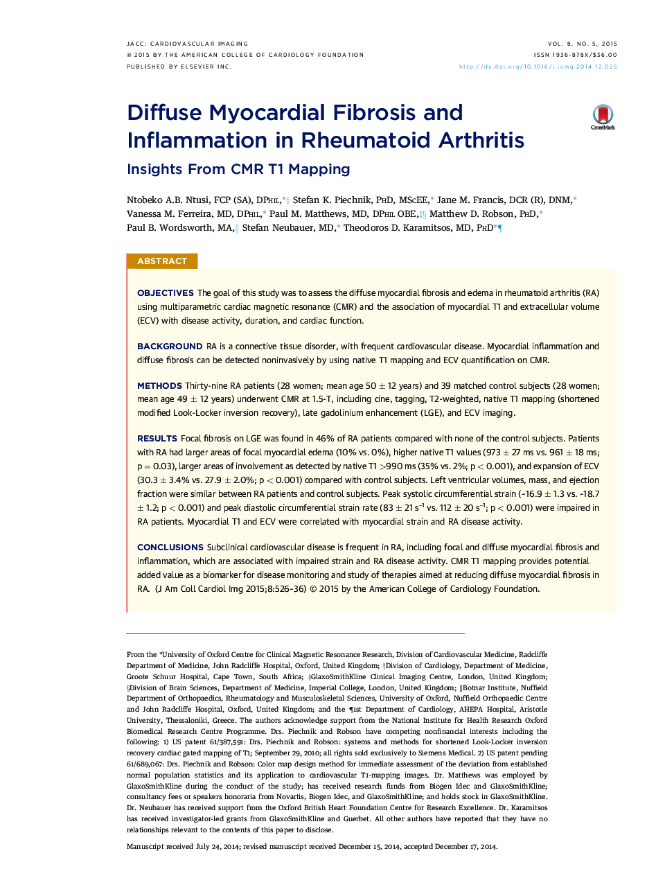 Diffuse Myocardial Fibrosis and Inflammation in Rheumatoid Arthritis: Insights From CMR T1 Mapping