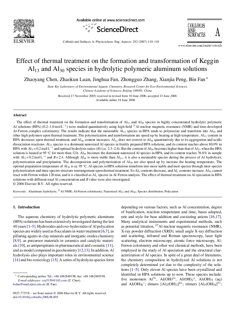 Effect of thermal treatment on the formation and transformation of Keggin Al13 and Al30 species in hydrolytic polymeric aluminum solutions