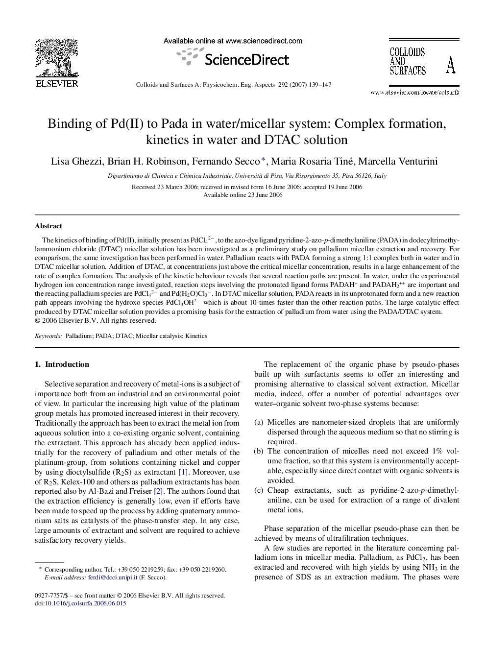 Binding of Pd(II) to Pada in water/micellar system: Complex formation, kinetics in water and DTAC solution