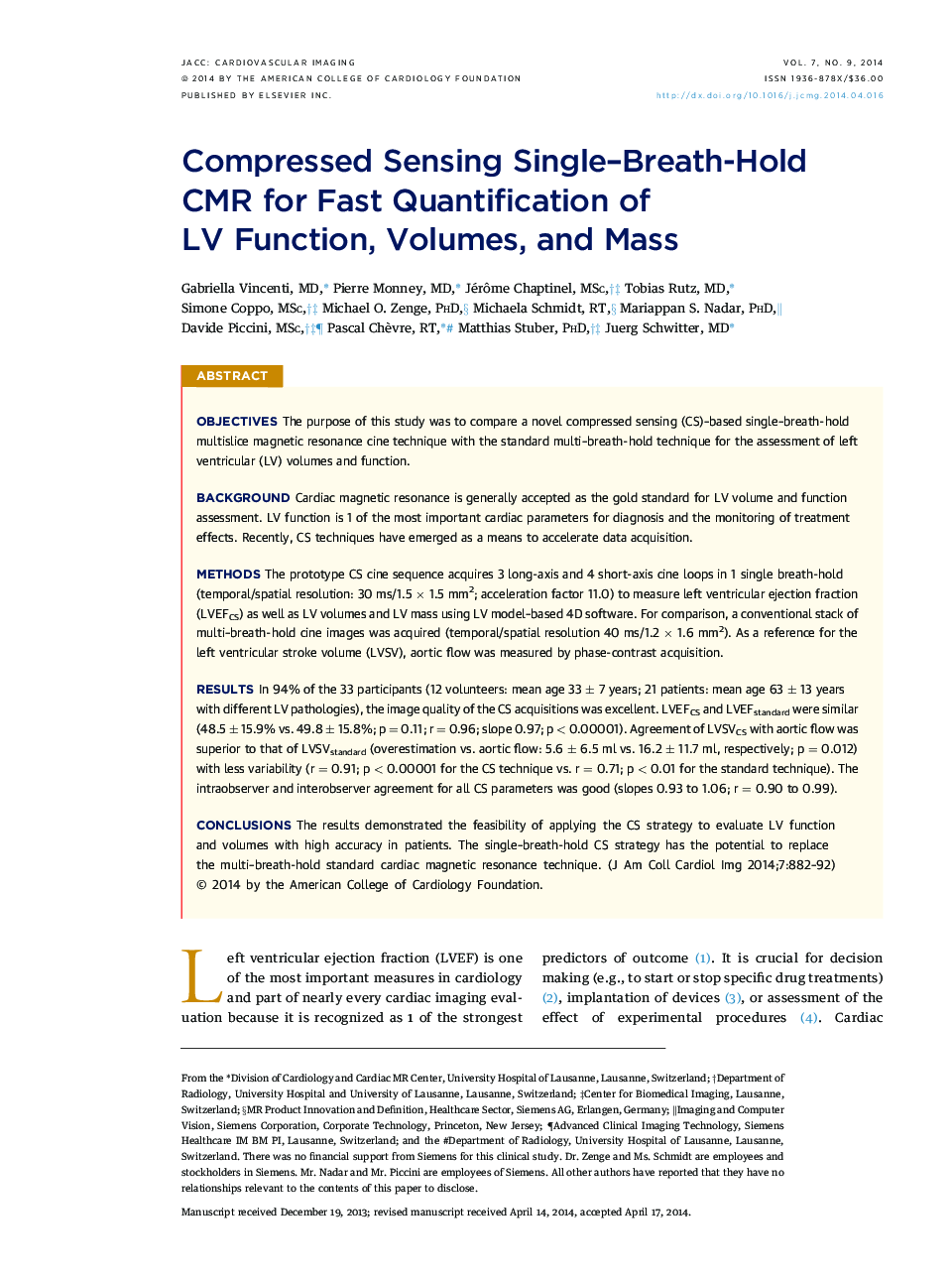 Compressed Sensing Single-Breath-Hold CMR for Fast Quantification of LVÂ Function,Â Volumes, and Mass