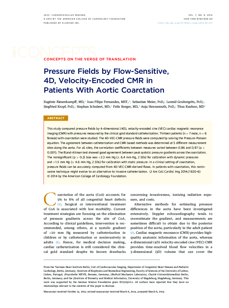 Pressure Fields by Flow-Sensitive, 4D, Velocity-Encoded CMR in PatientsÂ With Aortic Coarctation