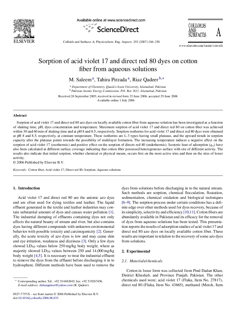 Sorption of acid violet 17 and direct red 80 dyes on cotton fiber from aqueous solutions