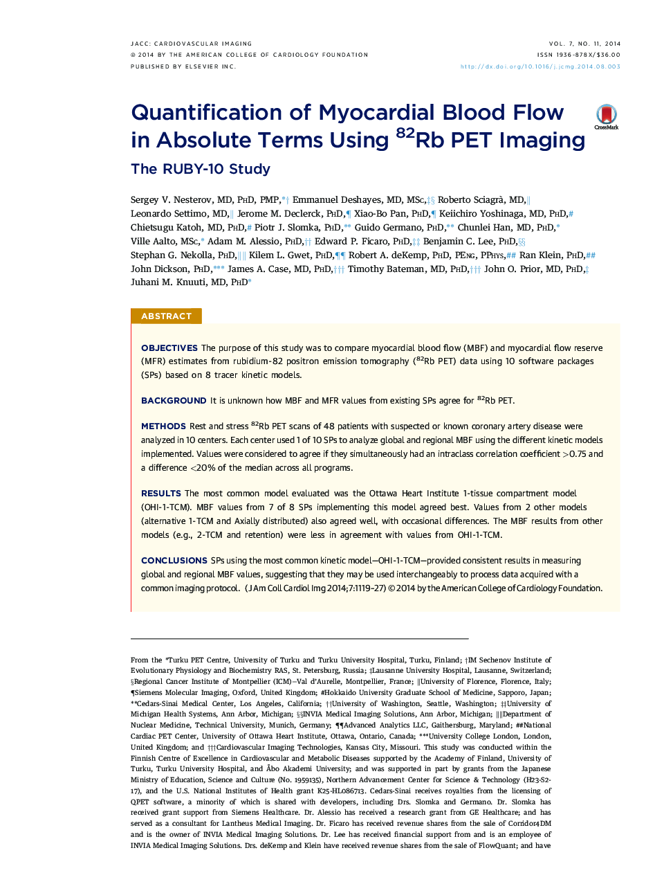 Quantification of Myocardial Blood Flow inÂ Absolute Terms Using 82Rb PET Imaging: The RUBY-10 Study