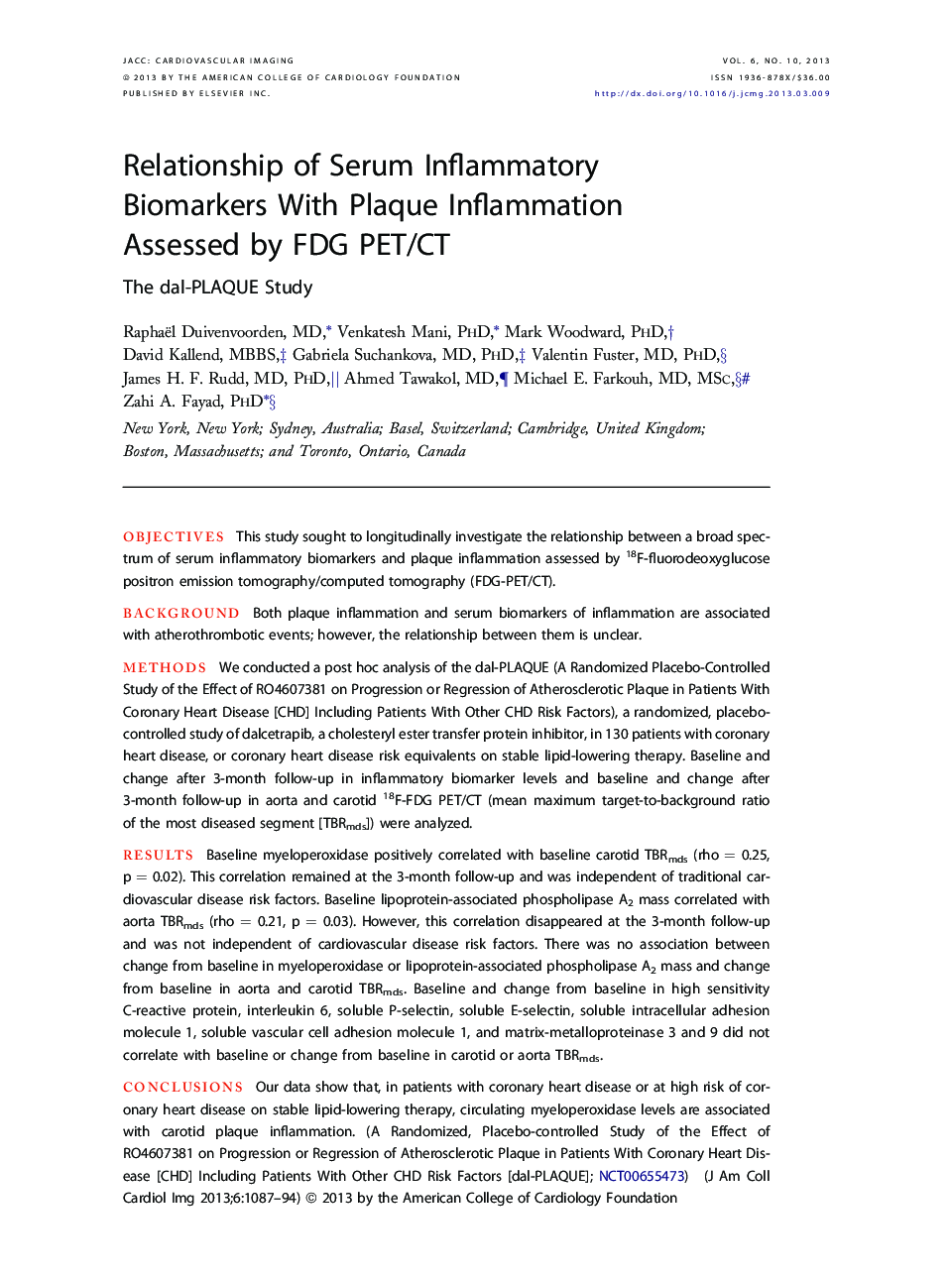 Relationship of Serum Inflammatory Biomarkers With Plaque Inflammation Assessed by FDG PET/CT: The dal-PLAQUE Study