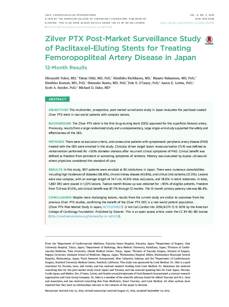 Zilver PTX Post-Market Surveillance Study of Paclitaxel-Eluting Stents for Treating Femoropopliteal Artery Disease in Japan: 12-Month Results