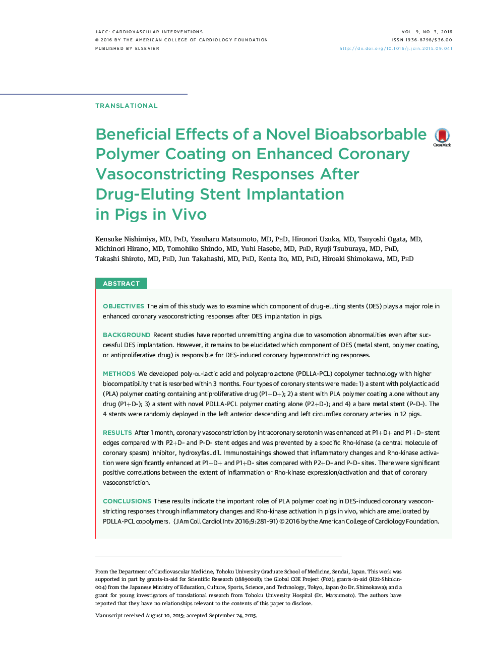 Beneficial Effects of a Novel Bioabsorbable Polymer Coating on Enhanced Coronary Vasoconstricting Responses After Drug-Eluting Stent Implantation in Pigs inÂ Vivo