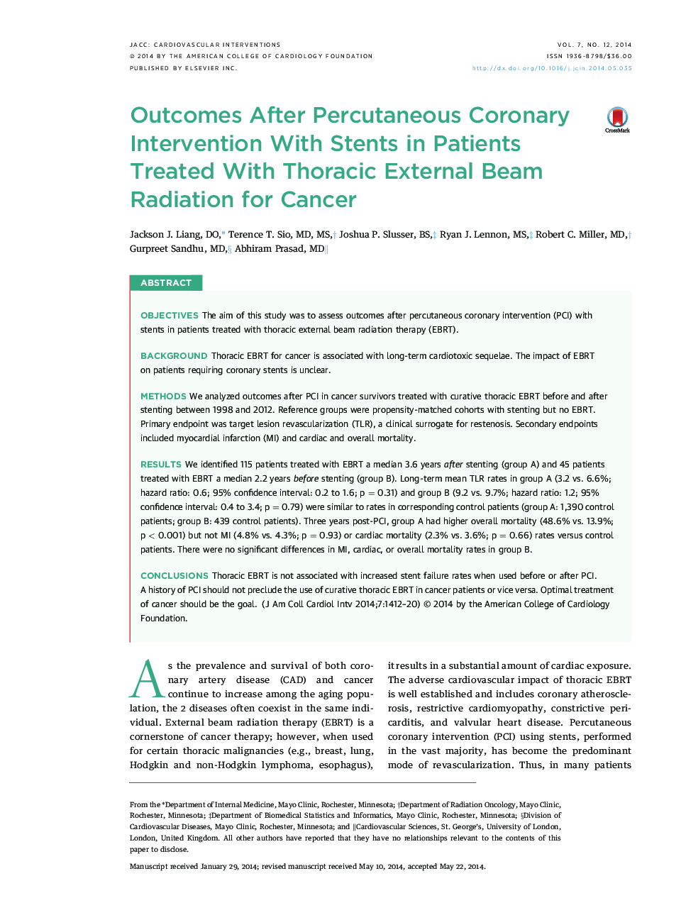 Outcomes After Percutaneous Coronary Intervention With Stents in Patients Treated WithÂ Thoracic External Beam Radiation for Cancer