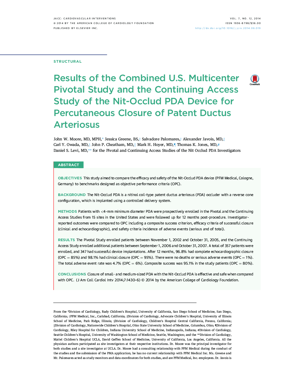 Results of the Combined U.S. Multicenter Pivotal Study and the Continuing Access Study of the Nit-Occlud PDA Device for Percutaneous Closure of Patent Ductus Arteriosus