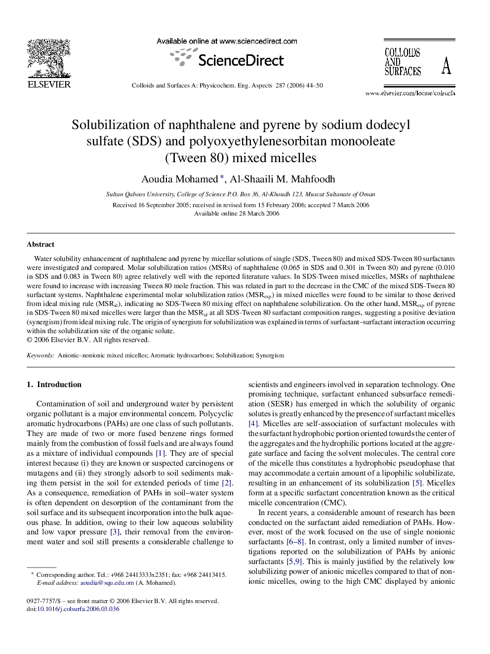 Solubilization of naphthalene and pyrene by sodium dodecyl sulfate (SDS) and polyoxyethylenesorbitan monooleate (Tween 80) mixed micelles