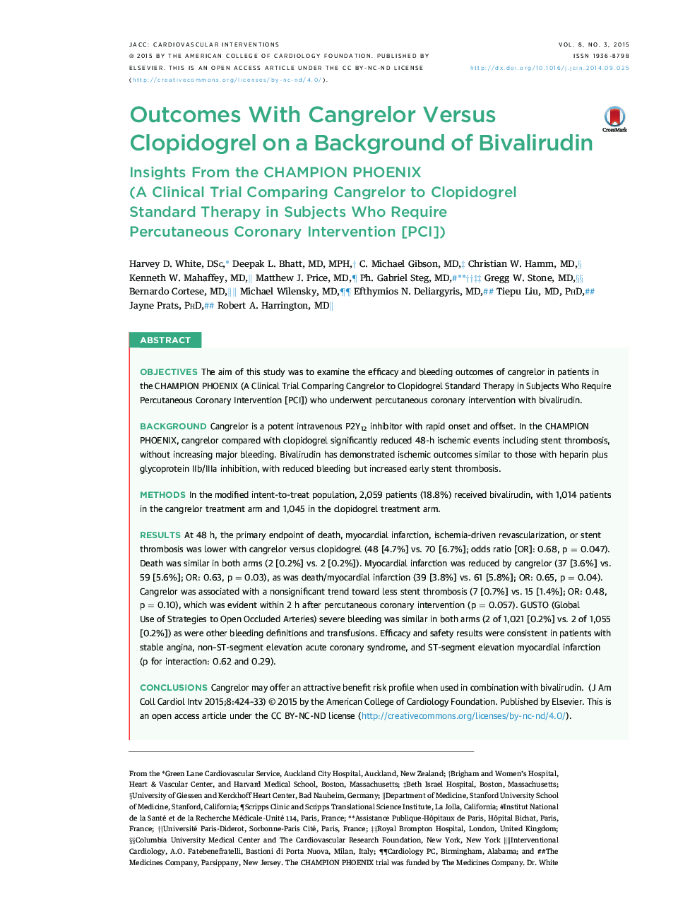 Outcomes With Cangrelor Versus Clopidogrel on a Background of Bivalirudin: Insights From the CHAMPION PHOENIX (A Clinical TrialÂ Comparing Cangrelor to Clopidogrel Standard TherapyÂ inÂ Subjects Who Require Percutaneous Coronary Intervention [PCI])