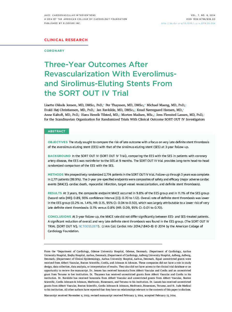 Three-Year Outcomes After Revascularization With Everolimus- andÂ Sirolimus-Eluting Stents From theÂ SORT OUT IV Trial