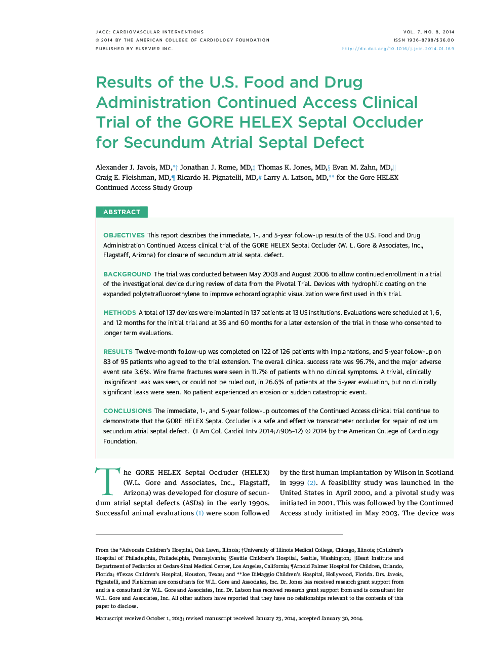 Results of the U.S. Food and Drug Administration Continued Access Clinical Trial of the GORE HELEX Septal Occluder for Secundum Atrial Septal Defect