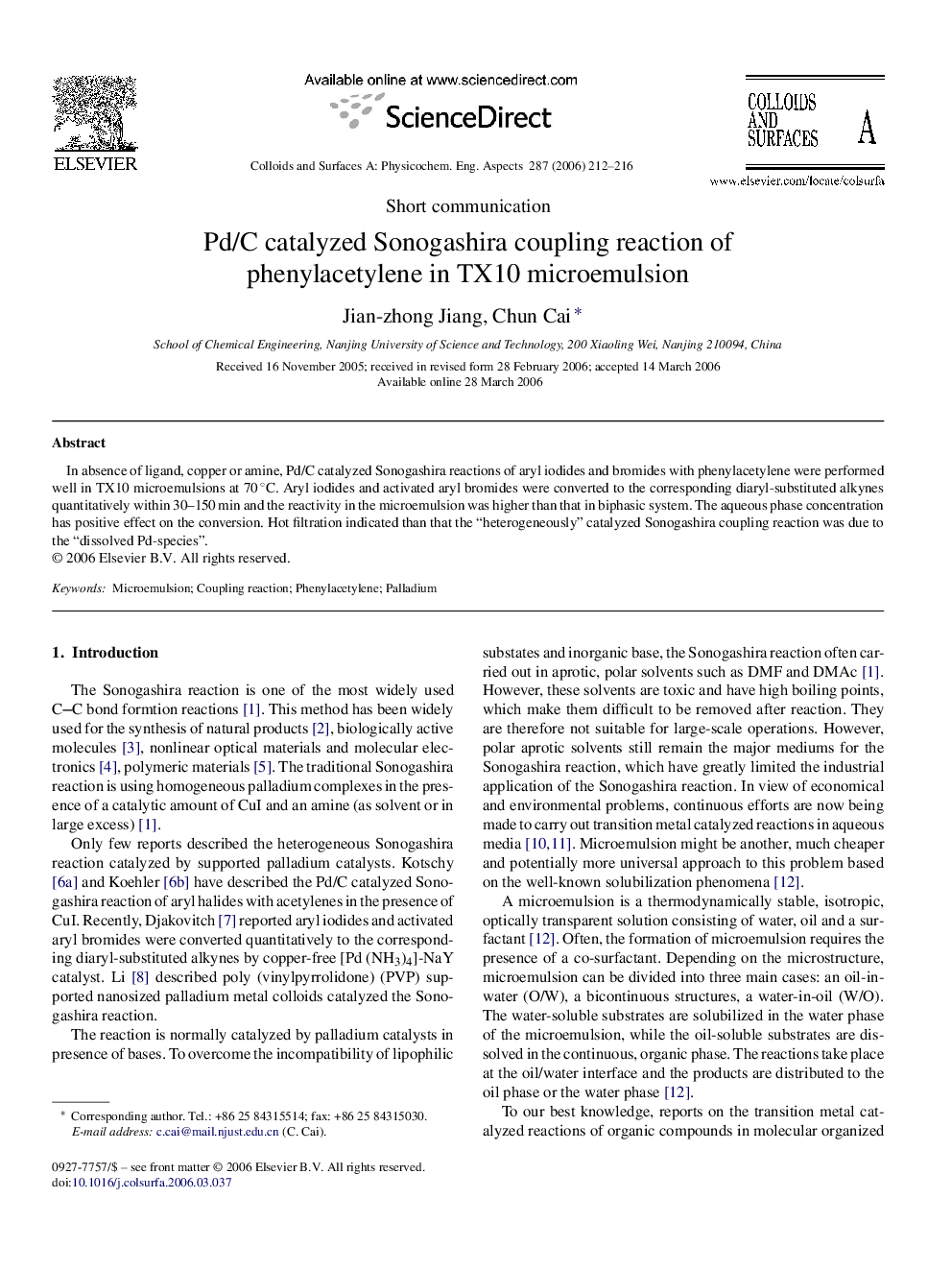 Pd/C catalyzed Sonogashira coupling reaction of phenylacetylene in TX10 microemulsion