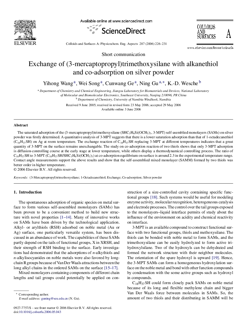 Exchange of (3-mercaptopropyl)trimethoxysilane with alkanethiol and co-adsorption on silver powder