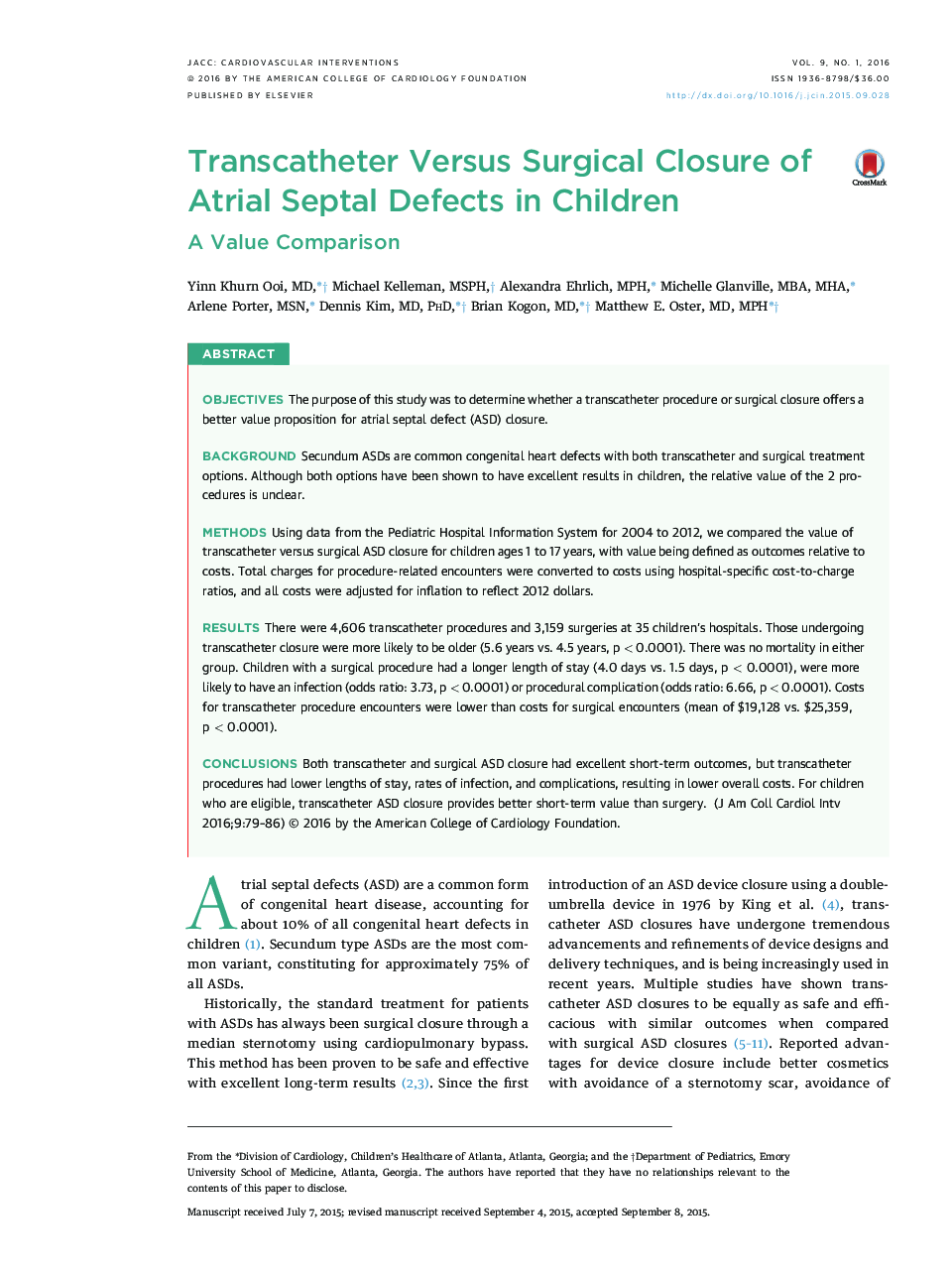 Transcatheter Versus Surgical Closure of Atrial Septal Defects in Children: A Value Comparison