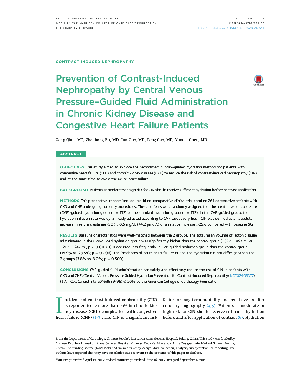 Prevention of Contrast-Induced Nephropathy by Central Venous Pressure-Guided Fluid Administration inÂ Chronic Kidney Disease and CongestiveÂ Heart Failure Patients