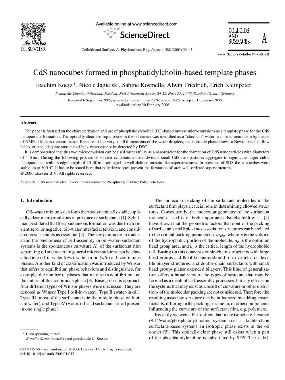 CdS nanocubes formed in phosphatidylcholin-based template phases