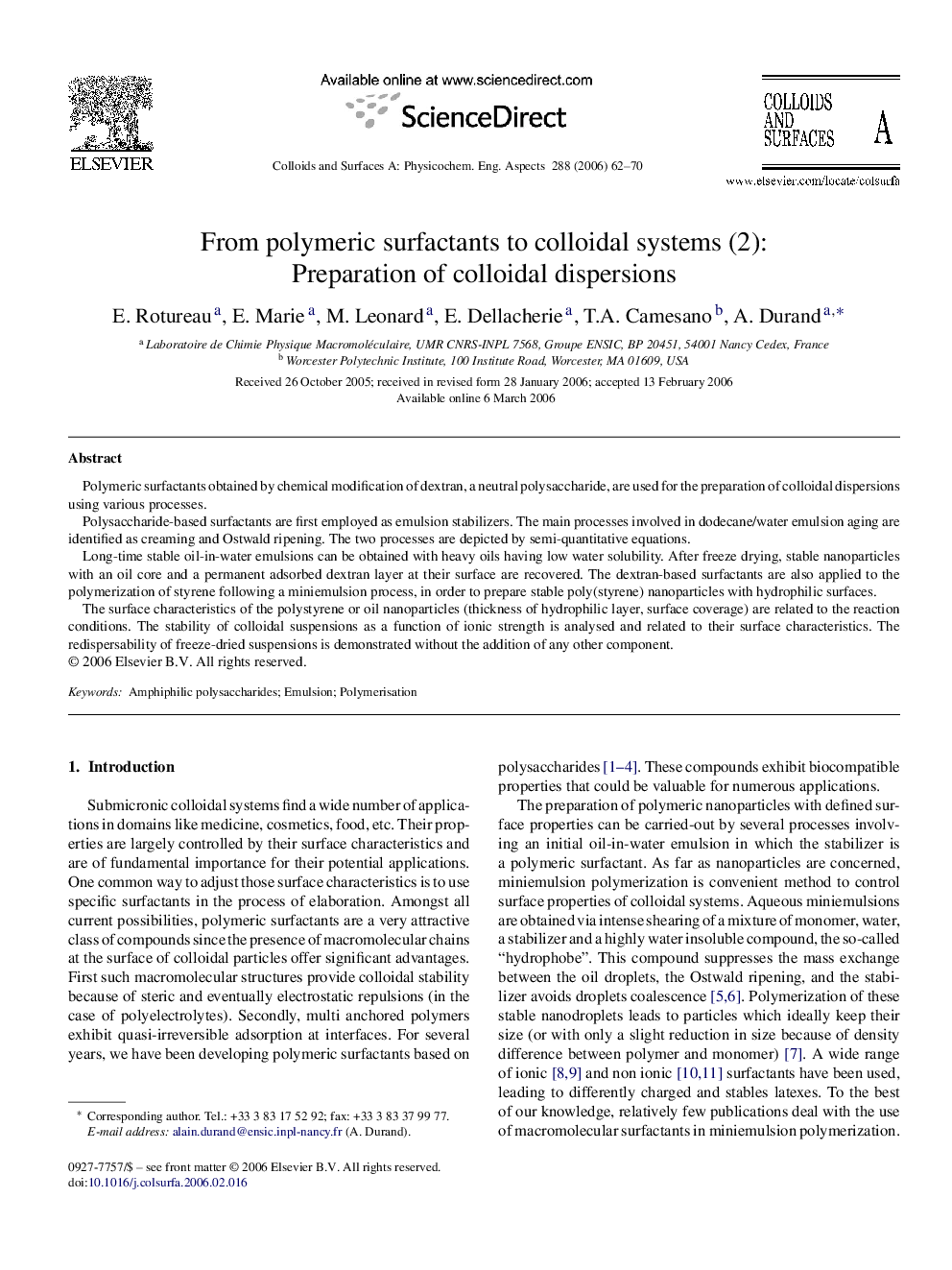 From polymeric surfactants to colloidal systems (2): Preparation of colloidal dispersions