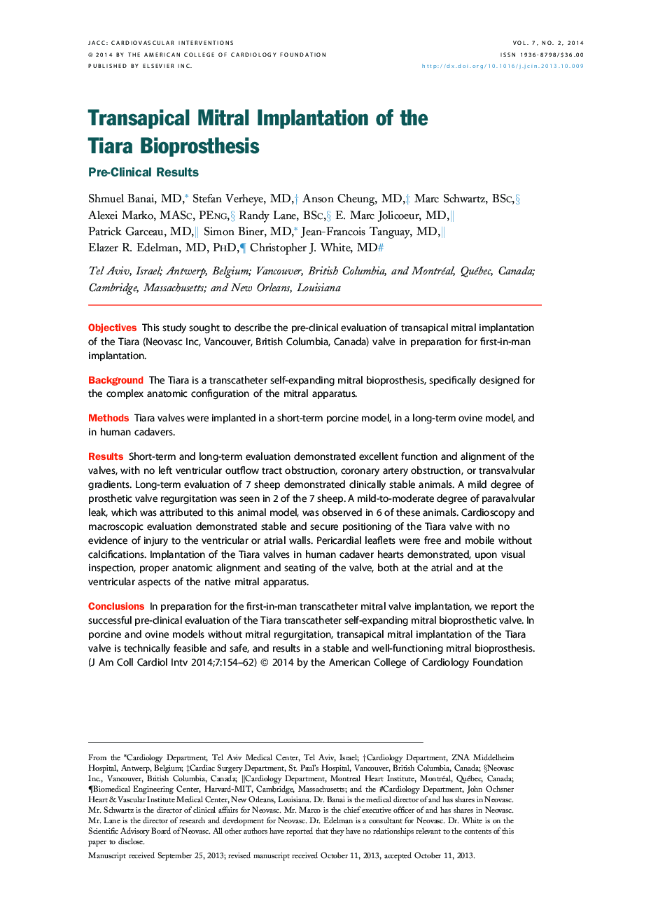 Transapical Mitral Implantation of the Tiara Bioprosthesis: Pre-Clinical Results