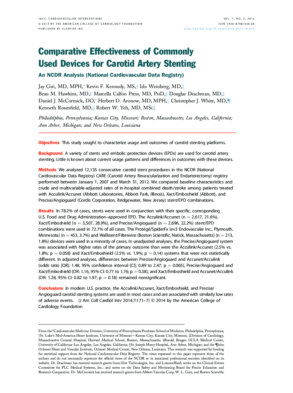 Comparative Effectiveness of Commonly Used Devices for Carotid Artery Stenting: An NCDR Analysis (National Cardiovascular Data Registry)