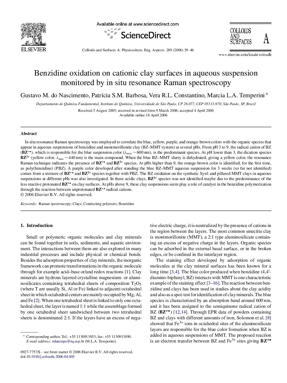 Benzidine oxidation on cationic clay surfaces in aqueous suspension monitored by in situ resonance Raman spectroscopy